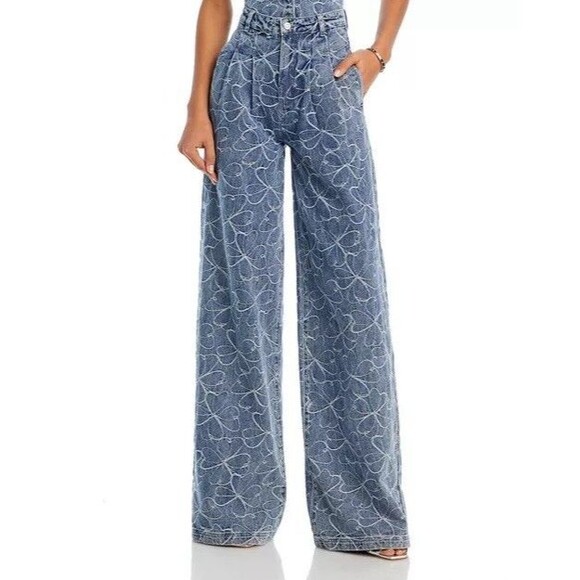 Ramy Brook Denim - Ramy Brook Womens Size 4 Adley Embroidered Wide Leg Jeans Indigo Floral Denim
